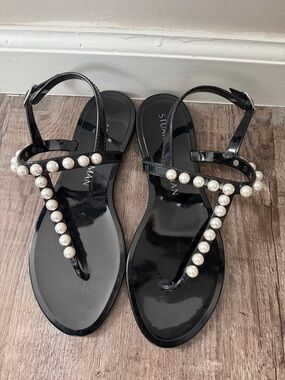 Stuart Weitzman Black T-Strap Pearl-Embellished Sandals